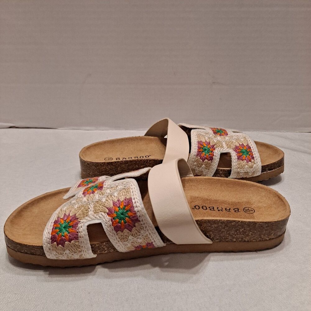 Bamboo Women's "H" Cutout Slide Sandals Size 5 Multi-color Floral Woven Cork - Picture 7 of 11